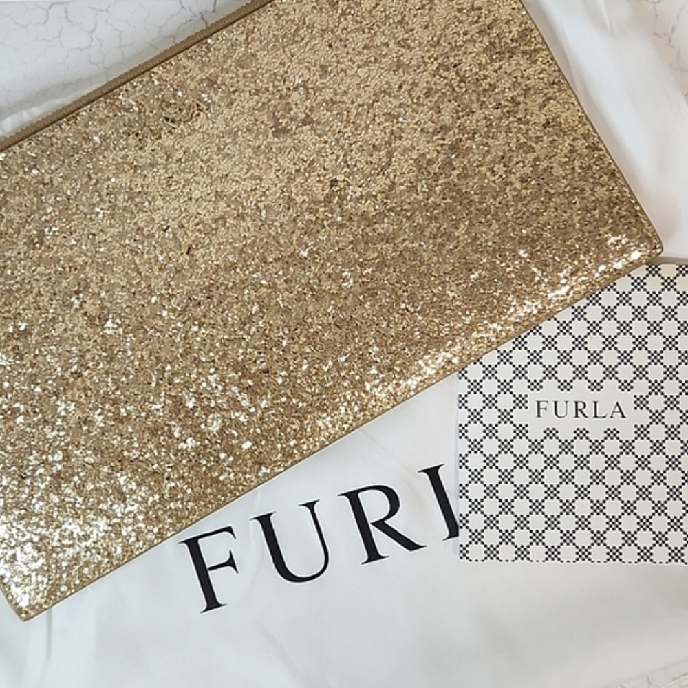 Furla Babylon XL Gold Glitter Clutch ~ Like New! - Picture 1 of 11